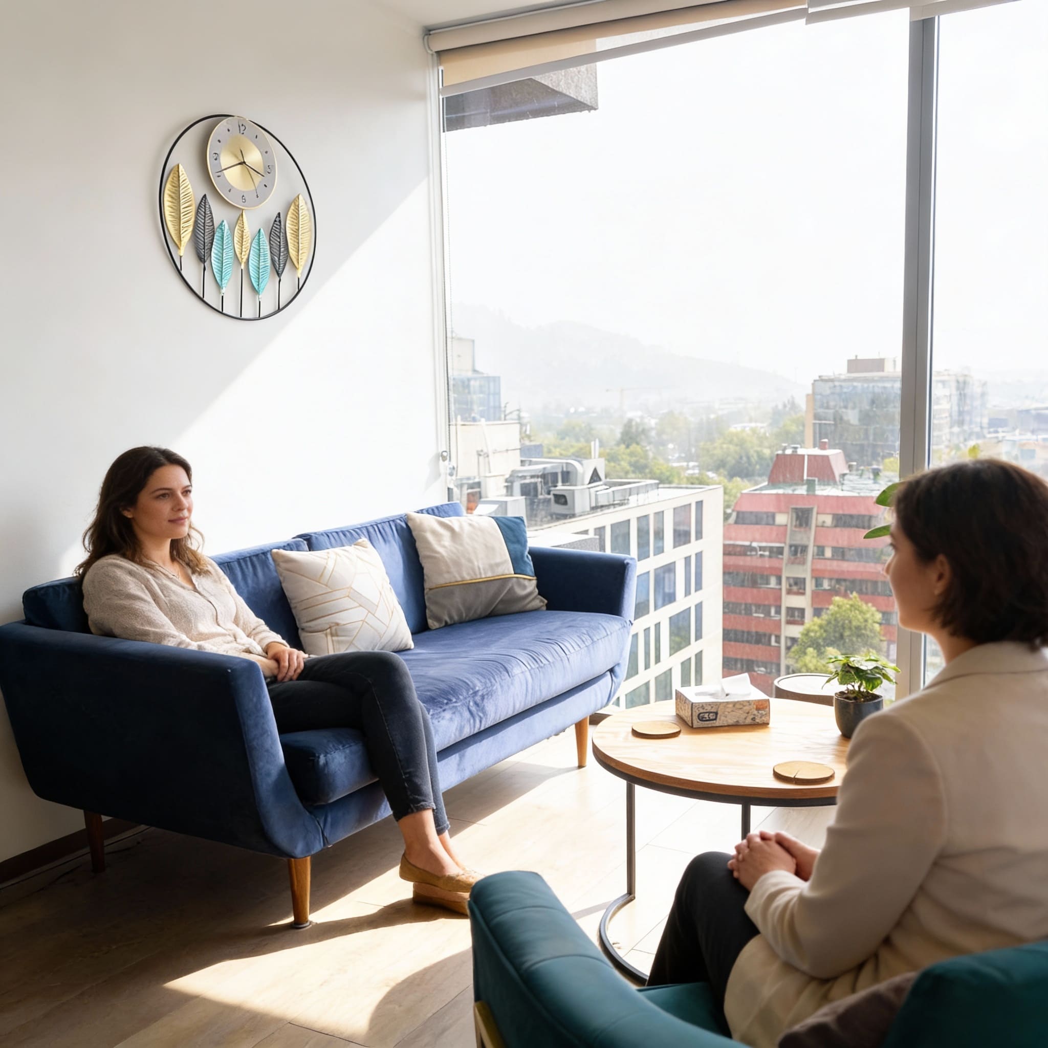 Sesión de terapia en la consulta del Centro de Terapia Conductual en Providencia, con vista a la ciudad de Santiago